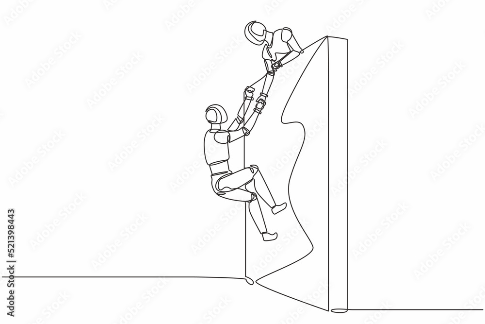 Poster single continuous line drawing robot helping another robot climb wall. modern robotic artificial int