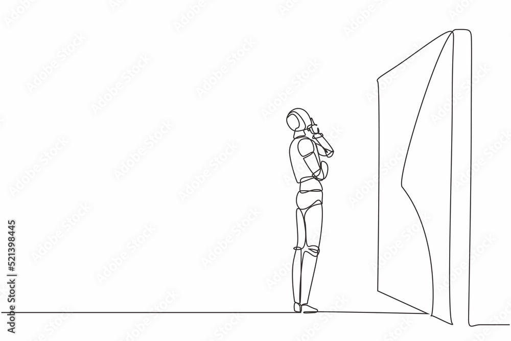 Poster single continuous line drawing robot thinking in front of big obstacle or wall. modern robotic artif