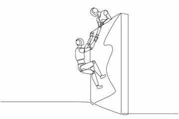Single continuous line drawing robot helping another robot climb wall. Modern robotic artificial intelligence technology. Electronic technology industry. One line graphic design vector illustration