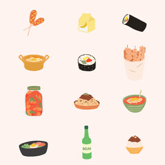Traditional Korean dishes bibimbap, hotteok, kimchi, oden, galbi-gui, guksu, gimbap, soju. Vector hand drawn illustration.