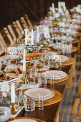 A beautifully set table for celebrating a party. Tableware sets for guests