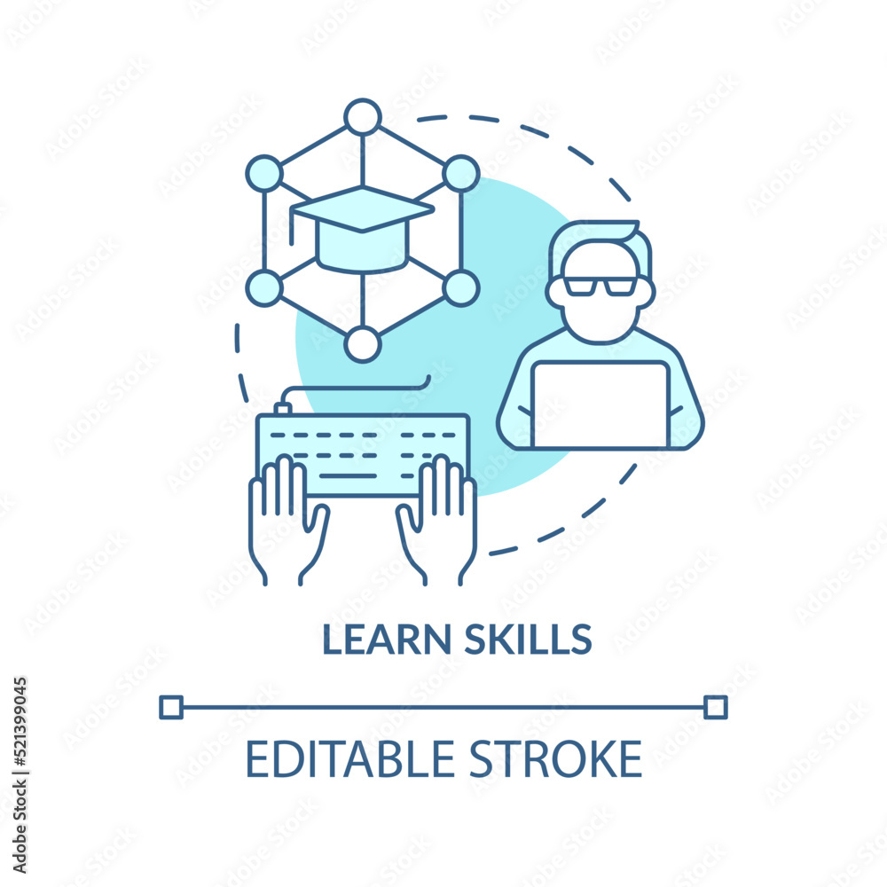 Poster Learn skills turquoise concept icon. Bachelor degree. Become software engineer abstract idea thin line illustration. Isolated outline drawing. Editable stroke. Arial, Myriad Pro-Bold fonts used