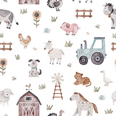 Watercolor seamless pattern with farm animals.