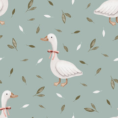 Watercolor seamless pattern with goose.