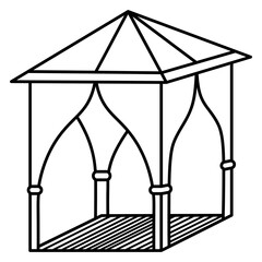 Gazebo for outdoor recreation. Sketch. Tent with roof and curtains. Vector illustration. Outline on isolated background. Coloring. Doodle style. Idea for web design.