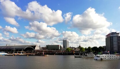 Amsterdam highlights, panoramic buildings and channels of Amsterdam, Netherlands