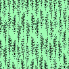 Rosemary. A sprig of aromatic spice. Repeating vector pattern. Seamless floral ornament. Abstract background of twigs with leaves. Isolated green background. Idea for web design, packaging, wallpaper