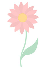 Flower. Blooming bud. Flowering plant with pink petals. Color vector illustration. Green leaves on the stem. Isolated background. Flat style. Idea for web design, invitations, postcards.