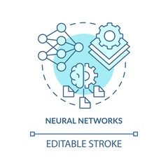 Neural networks turquoise concept icon. Machine learning engineer skill abstract idea thin line illustration. Isolated outline drawing. Editable stroke. Arial, Myriad Pro-Bold fonts used