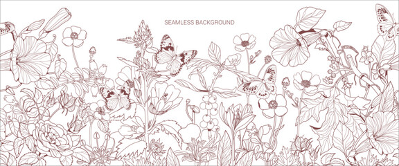 Luxury botanical background with trendy wildflowers and minimalist flowers for wall decoration or wedding. Hand drawn line herb, elegant leaves for invitation save the date card