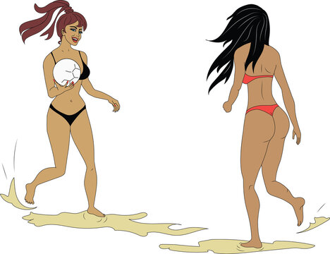 Two beautiful girls in bikinis play beach volleyball on the ocean.2