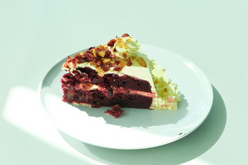 Selective focus of red velvet cake on the plate.