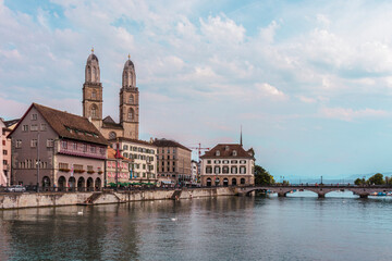 Fototapeta na wymiar High angle view of Zurich center and Limmat river. Copy space