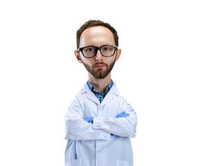 Serious scientist. Funny man with a caricature face isolated over white background. Cartoon style...