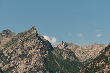 panoramic view of mountain with blue clear sky.