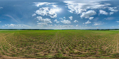 full seamless 360 hdri panorama view among farming field with sun and clouds in overcast sky in equirectangular spherical projection, ready for use as sky replacement in drone panoramas or VR content