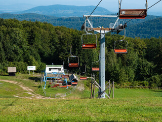 Ski resort of Gace, Slovenia with empty chair lifts and green background