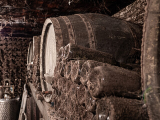 Old bottles with wine mold and wooden barrels in the background