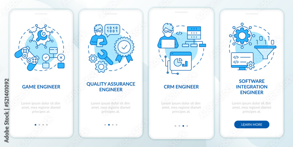 Wall mural software engineer paths blue onboarding mobile app screen. walkthrough 4 steps editable graphic inst