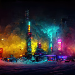 Colorful futuristic city at night as an illustration