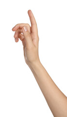 Woman pointing at something on white background, closeup of hand