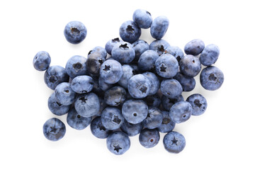 Pile of tasty fresh ripe blueberries on white background, top view