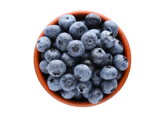 Tasty fresh ripe blueberries in bowl on white background, top view