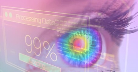 Animation of caucasian female blue eye, business data processing on digital interface in foreground - Powered by Adobe