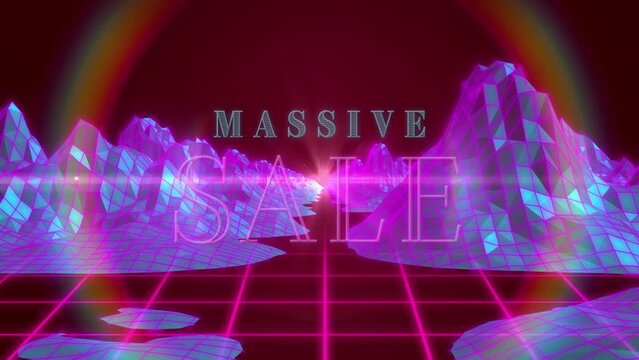 Animation of digital massive sale text moving amidst mountains and circle over grid pattern