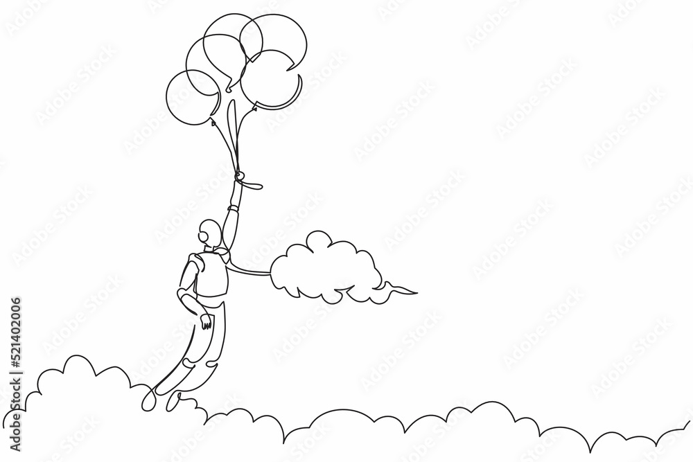 Poster single one line drawing robot flying with balloon through cloud. reaches goal, target, find solution