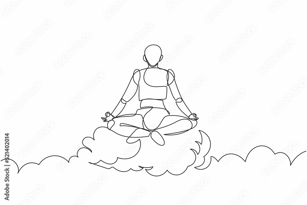 Poster single continuous line drawing robot meditates and resting in yoga position on clouds. modern roboti