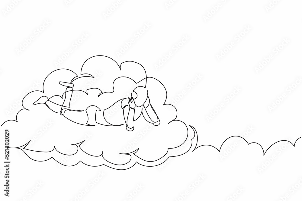 Poster single continuous line drawing robot lay on clouds. relaxes and resting cyber machine. robotic artif