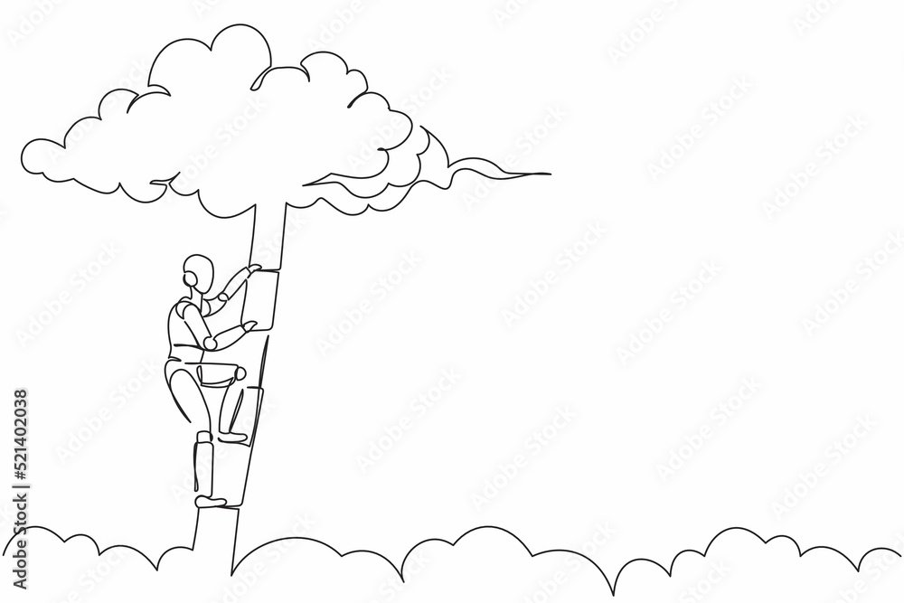 Poster single continuous line drawing robot climbing up ladder to cloud. career path growth. modern robotic