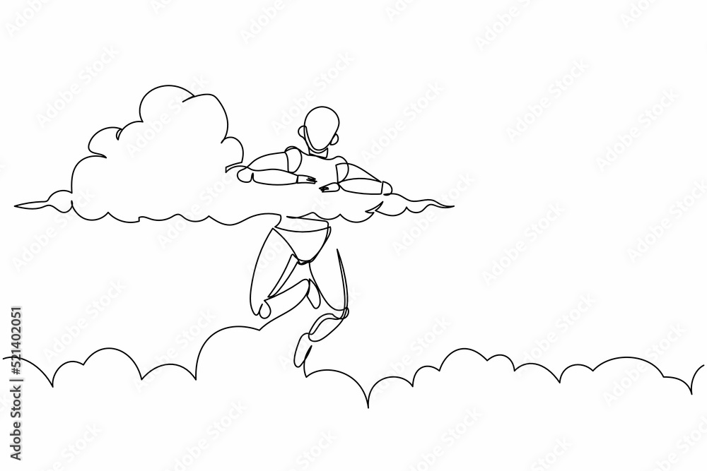 Poster continuous one line drawing robot hang in clouds. hoping for success, winning business project. huma