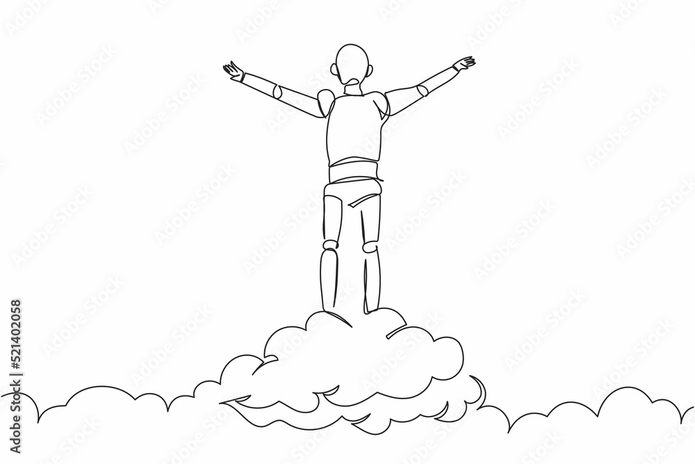 Poster single one line drawing robot on top of cloud with raised hand. future technology development. artif