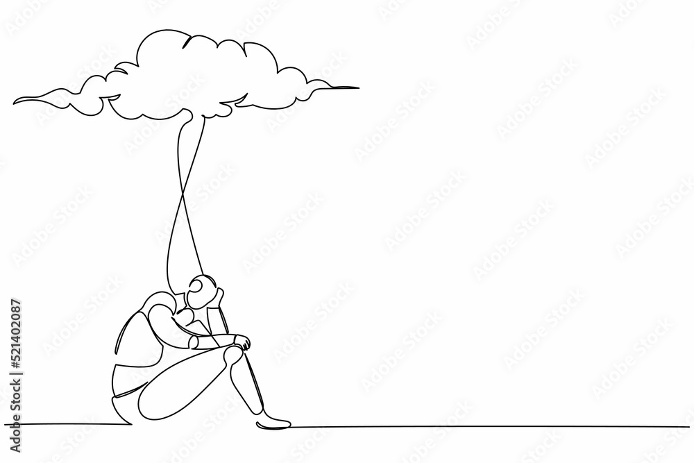 Poster single continuous line drawing unhappy robot feeling stress and sad. sitting under rain cloud. robot