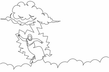 Single continuous line drawing Arab businesswoman struck by lightning or thunder from cloud. Feel bad luck in office. Misery, disaster, risk, danger. One line draw graphic design vector illustration