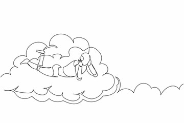 Single continuous line drawing robot lay on clouds. Relaxes and resting cyber machine. Robotic artificial intelligence. Electronic technology industry. One line draw graphic design vector illustration