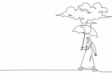 Continuous one line drawing sadness Arabian businesswoman walking with umbrella stand under rain cloud. Depression, cry, passerby at rainy weather. Single line draw design vector graphic illustration