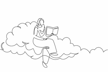 Single one line drawing smart Arab businesswoman sitting on cloud and reading book. Studying higher education for worker. Pursuit career growth. Continuous line draw design graphic vector illustration