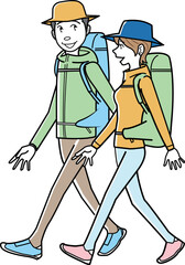 カップルがトレッキングをしながら会話