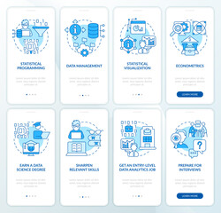 Data management expert blue onboarding mobile app screen set. Walkthrough 4 steps editable graphic instructions with linear concepts. UI, UX, GUI template. Myriad Pro-Bold, Regular fonts used