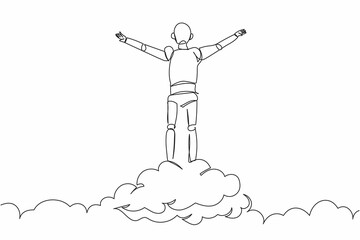 Single one line drawing robot on top of cloud with raised hand. Future technology development. Artificial intelligence and machine learning processes. Continuous line draw design vector illustration