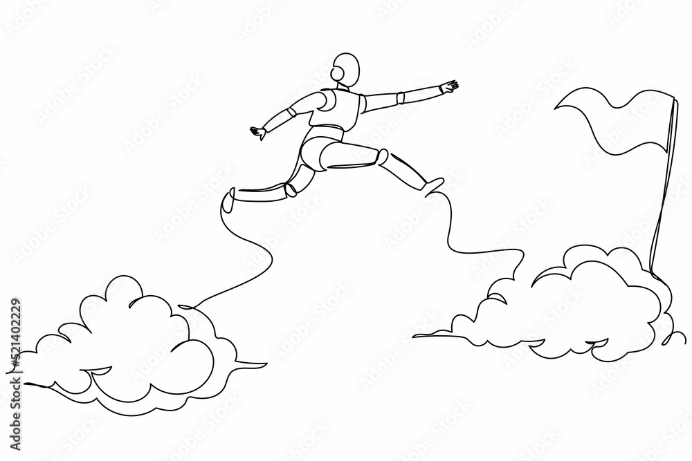 Aufkleber continuous one line drawing robot jump over clouds to reach success, target, flag. taking risk busin