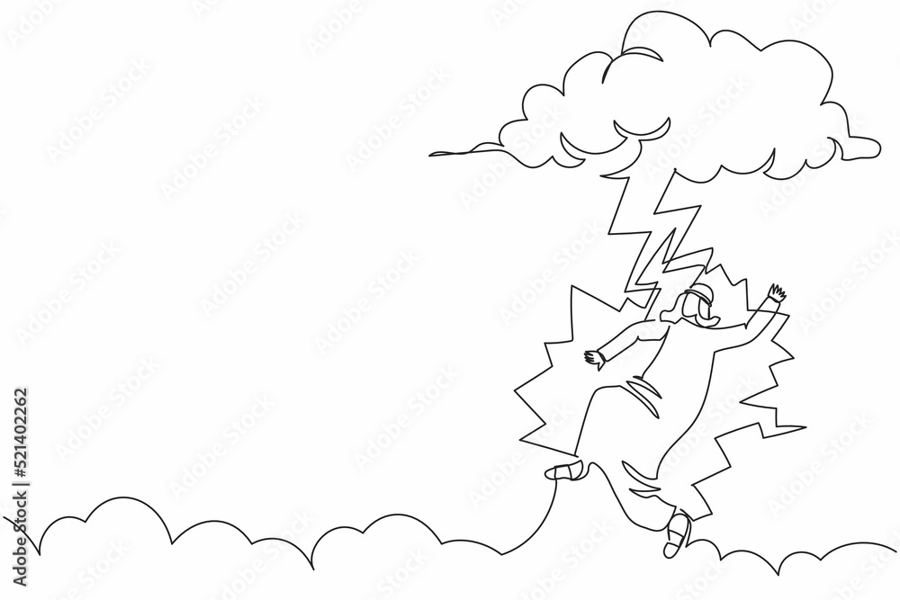 Poster single continuous line drawing unlucky arabian businessman struck by lightning or thunder from dark 