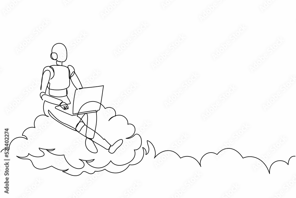 Poster continuous one line drawing robot sitting on cloud in sky and working with laptop. wireless internet