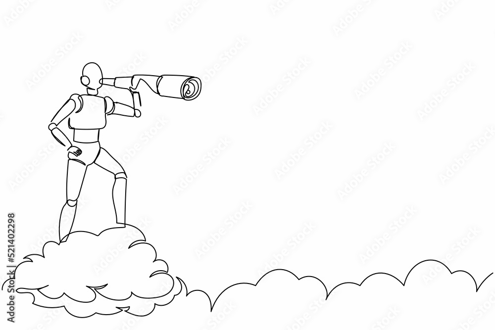 Poster single one line drawing robot on cloud holding binocular to search for business innovation. future t