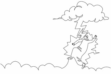 Single continuous line drawing unlucky Arabian businessman struck by lightning or thunder from dark cloud. Bad luck, misery, disaster, risk, danger. One line draw graphic design vector illustration