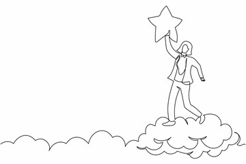 Continuous one line drawing successful businesswoman reaching precious star. Business succeed reward, winning star employee, career path, dream job. Single line draw design vector graphic illustration