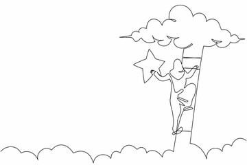 Continuous one line drawing Arab businesswoman climbing ladder and reaching star on sky. Goals dreams office worker. Business, career, achievement. Single line draw design vector graphic illustration